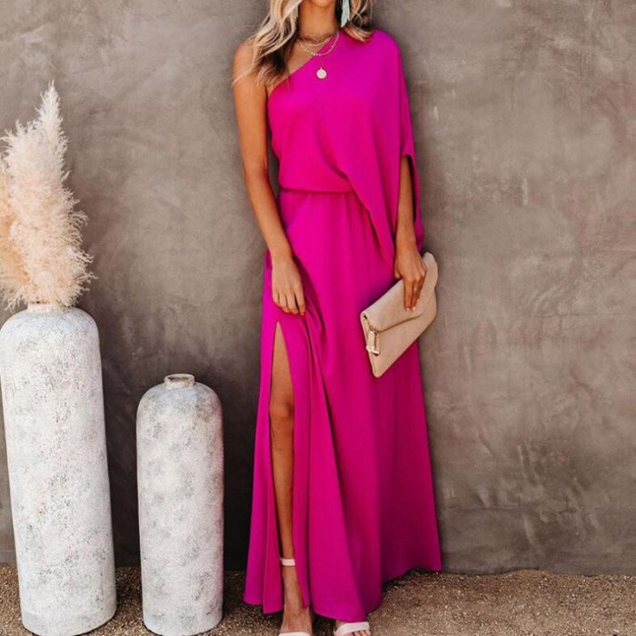 Elegant Women Solid Split Long Party Dresses 2021 Summer Casual Skew Collar Maxi Dress Fashion One Shoulder Loose Dress Vestidos