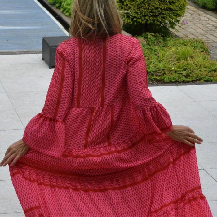 Round Neck 3/4 Sleeve Printed Maxi Dress