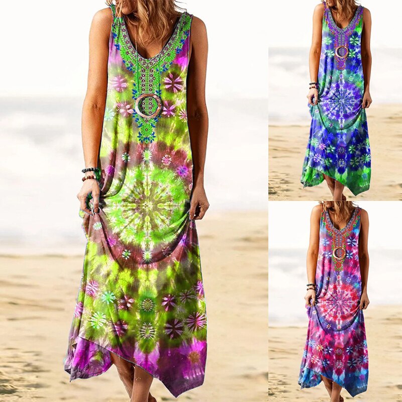 2021 Spring Women Relaxed National Style Dress Large Big Printed Line Summer Boho Casual Party Elegant Dresses Plus Sizes