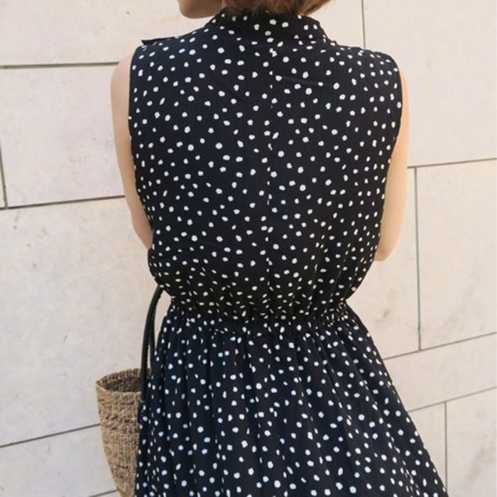 Women Fashion Dress Vintage Long Skirt Polks Dots Print Summer Sleeveless Chic Maxi Dress Casual Round Neck Ladies Pullover