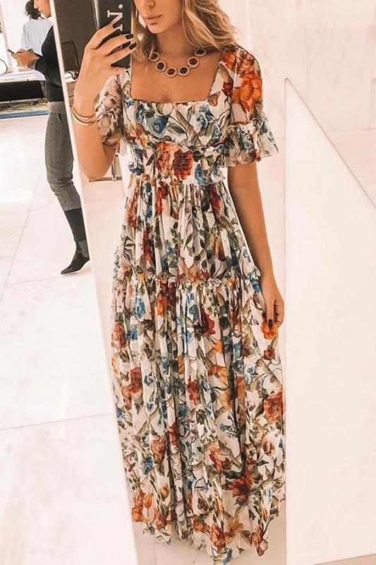 Sexy Short Sleeves Floral Print Off Shoulder Maxi Dress