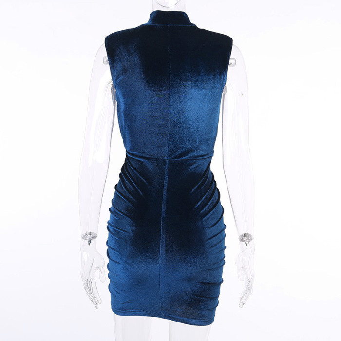 Vintage Turtleneck Velvet Pleated Dress Sleeveless Bodycon Dress