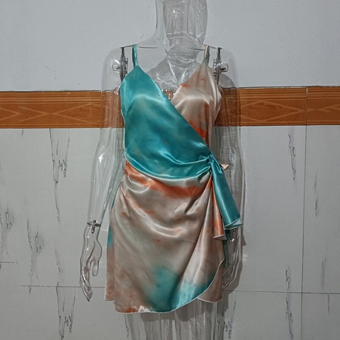 Fashion Spaghetti Strape Sexy Beach Dress Lace Up Sleeveless Backless Summer Tie Dye Mini Dresses For Women 2021 Vestido