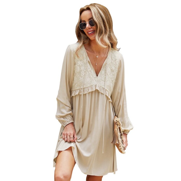 Autumn 2021 Lace Patchwork Elegant Dress Vintage Solid Loose Waist Ladies Frocks for Women Casual Knee-length Long Sleeve Dress