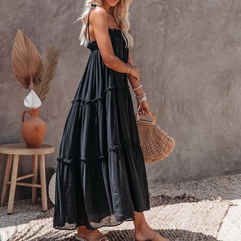 Boho Dress Women Summer Sexy Sling Dress Solid Color Strapless Ankle-Length A-LINE Big Swing Maxi Dresses for Women Lugentolo