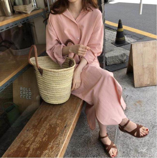 Elegant Midi Shirt Dress Womens Summer Sundress Vintage Button Thin Vestidos Female Long Sleeve Split Lapel Robe CL332