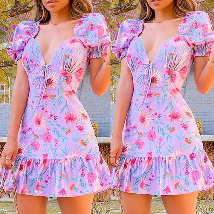 2021 Summer Puff Sleeve Floral Print Tie Front Ruched Dress
