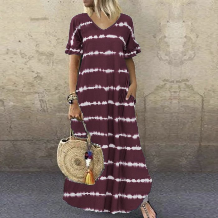 White Striped Printed Loose Women Robe Summer Dress Short Sleeve V-neck Big Swing Long Dress Pocket Plus Size Women Dress S-5XL