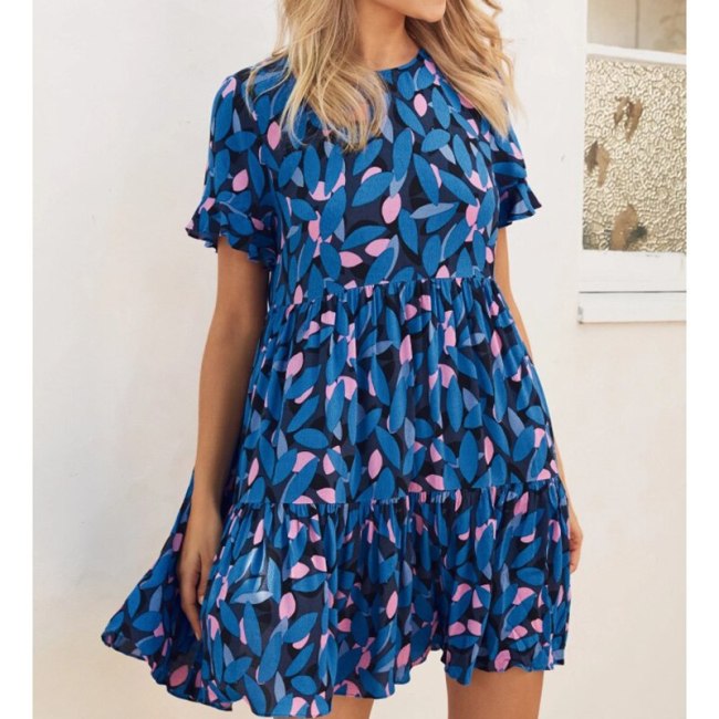 Summer Bohemia Short Butterfly Sleeve Print Dress Women Casual Loose O Neck Mini Dress 2021 Fashion Ruffle Woman Beach Sundress