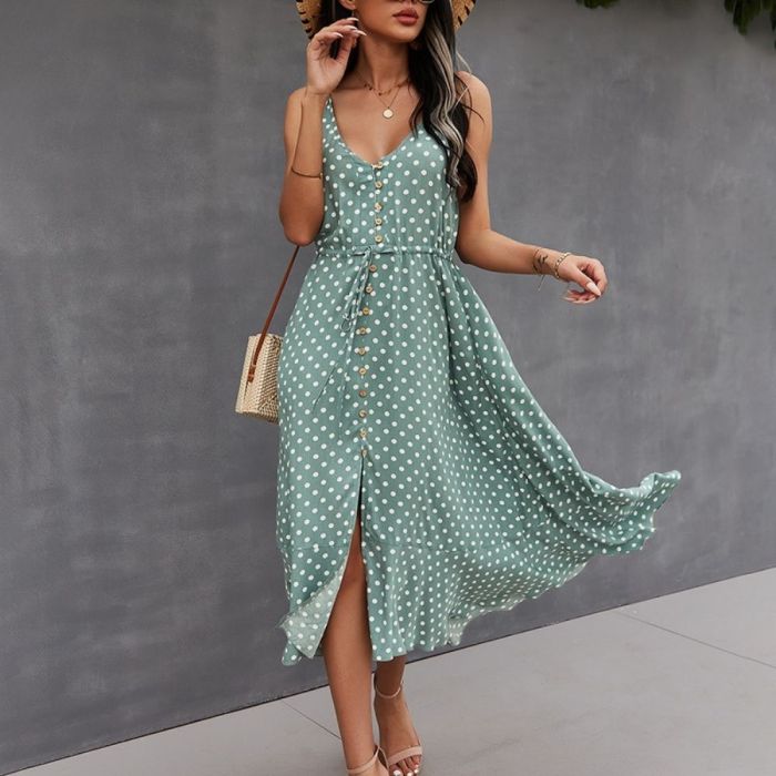 Summer Dress Strap V-Neck Cotton Sweet Dot Print Women Boho Dresses Ladies Sexy Beach Sundress 2022 New Vestido