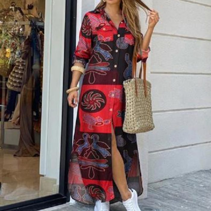 Fashion Women Long Sleeve Shirt Dress Autumn Printed OL Long Dresses Laides Turn-down Collar Loose Sundress Party Dresses