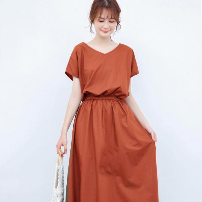 2021 Summer New Korean Arrival Sexy V-neck Simple Solid Color Elastic Waist Slimming Casual Plus Size Women Dress Free Shipping