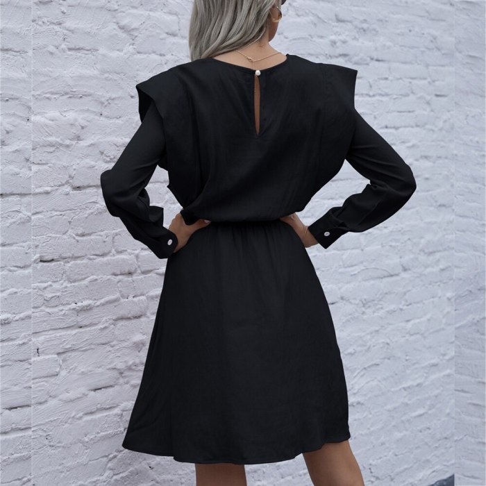 Elegant Shoulder Pads Women Dress 2021 New Spring Dress Fashion Ruffle Solid A Line Dresses Casual Long Sleeve Ladies Clothes
