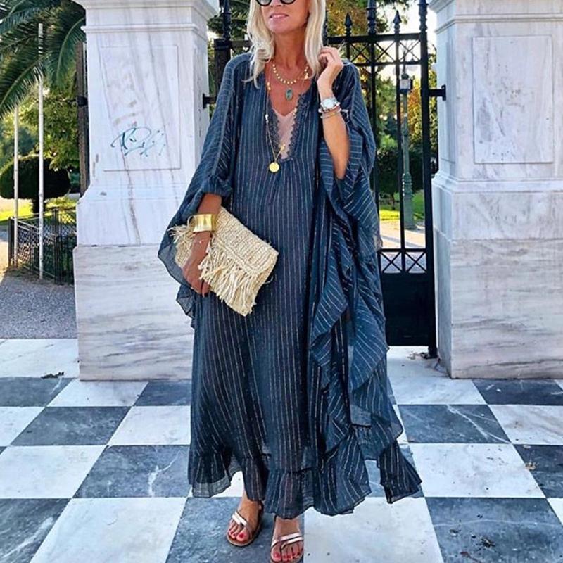 Casual Stripe Bracelet Sleeve Loose Vacation Maxi Dress