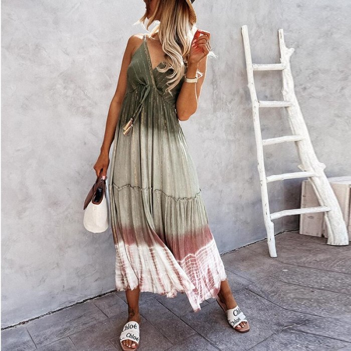 Women Sexy V-Neck Backless Party Dress Drawstring Lace-Up Long Dress Casual Tie-Dye Gradient Sleeveless Sling Summer Beach Dress