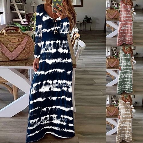 Long Sleeve White Striped Print Maxi Dresses Autumn Casual Women Robe V-neck Plus Size Women Clothes Long Loose Dress Femme