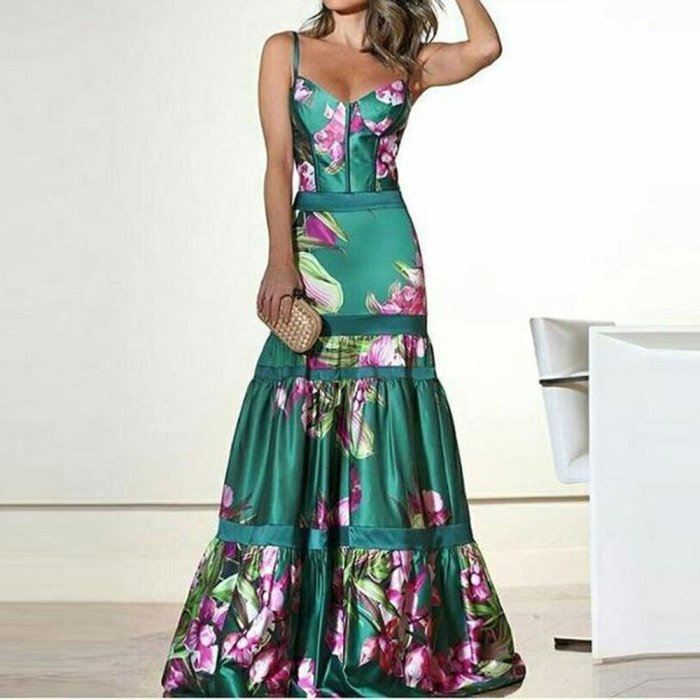 Vintacy Sexy Party Dress Women Long Dresses Elegant Evening Summer Sundress Green Floral Print Backless Boho Maxi Vestido 2020