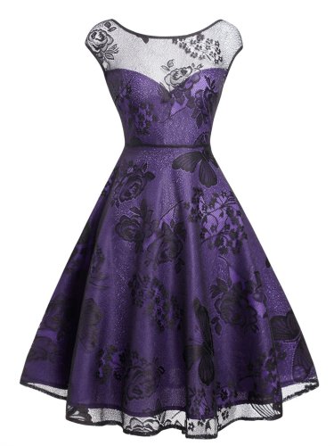 Purple 1950s Lace Floral Dress