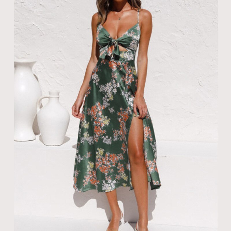 Sexy Sling Dress Plus Size Women's Sleeveless Tie Halter Fashion Digital Printing Personality Trend Split Mid-Length Skirt 2021