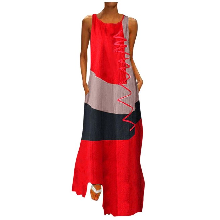 Patchwork Dress Women Plus Size Daily Sleeveless Vintage Elbise Bohemian O Neck Maxi Summer Holiday Dresse