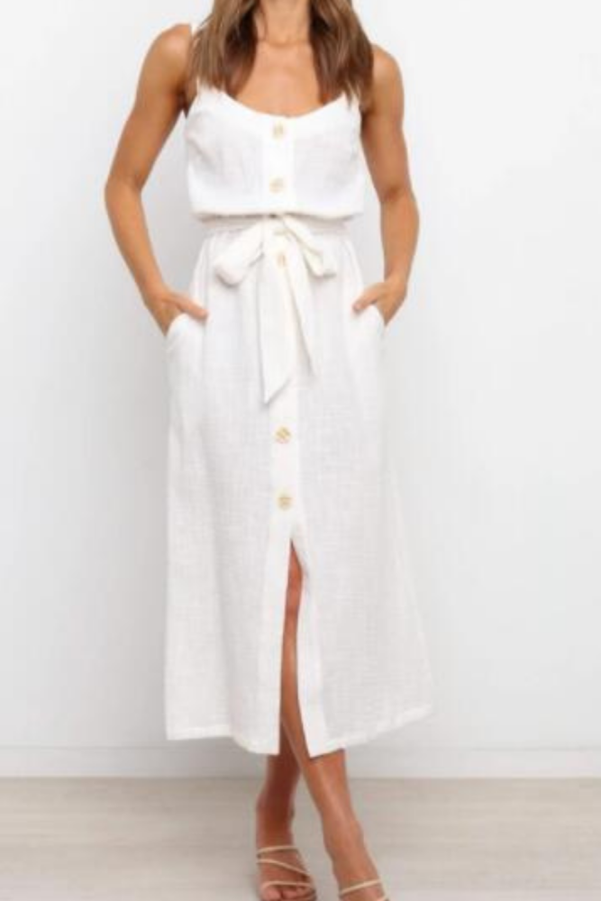 Women Dresses 2021 Summer Fashion Buttons Bandage Solid Sling Vest Sleeveless Casual Sexy Loose Long Dress Beach White Vestidos