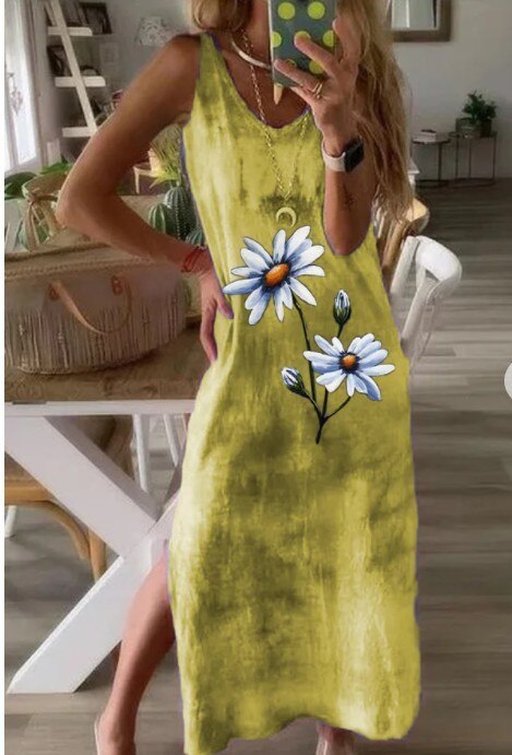 Tie Dye Flower Vest Dress For Women Vintage Sleeveless Long Dress