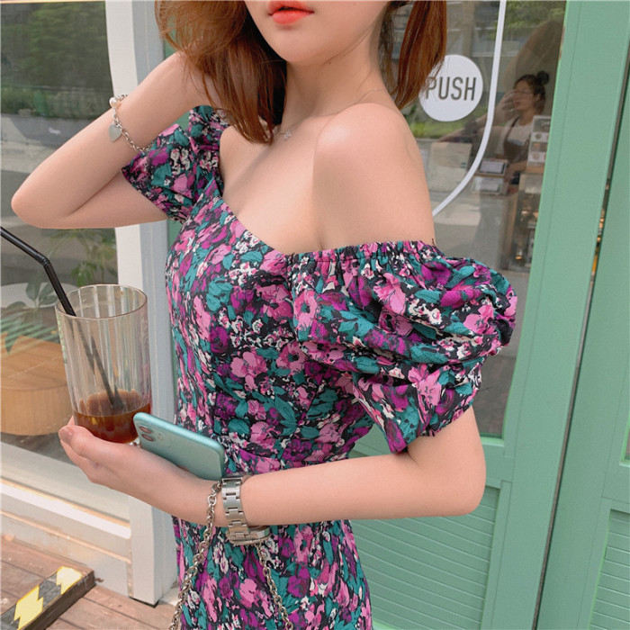 Women's Casual Summer Floral Print RetrSquare Neck Split Ruffles Puff Sleeve  Vacation Dresses