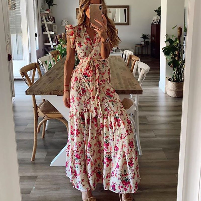 2021 Womens V Neck Floral Casual Maxi Dress Summer Sleeveless Boho Beach Long Sundress Loose Ladies Long Party Dress