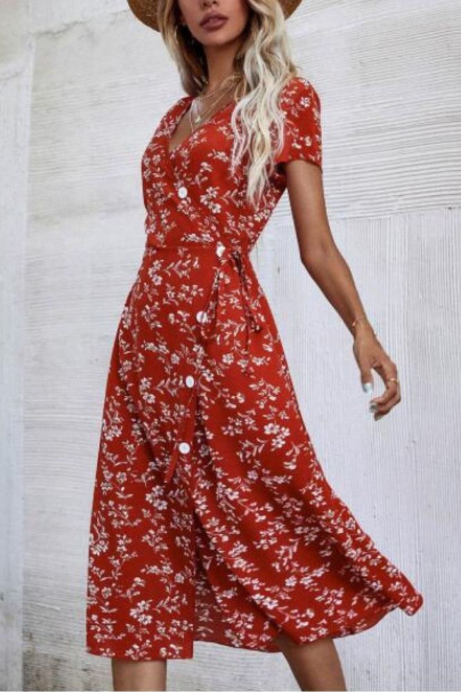 Women's Retro Style Floral Sexy V-neck Dress Buttons Bandage Split Printed Chiffon Temperament Long Dress With Short Sleeves