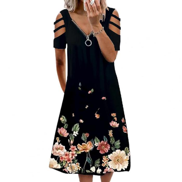 Hot Sales Women Dress Flower Print Loose Summer Short Sleeve V Neck Dress for Dating