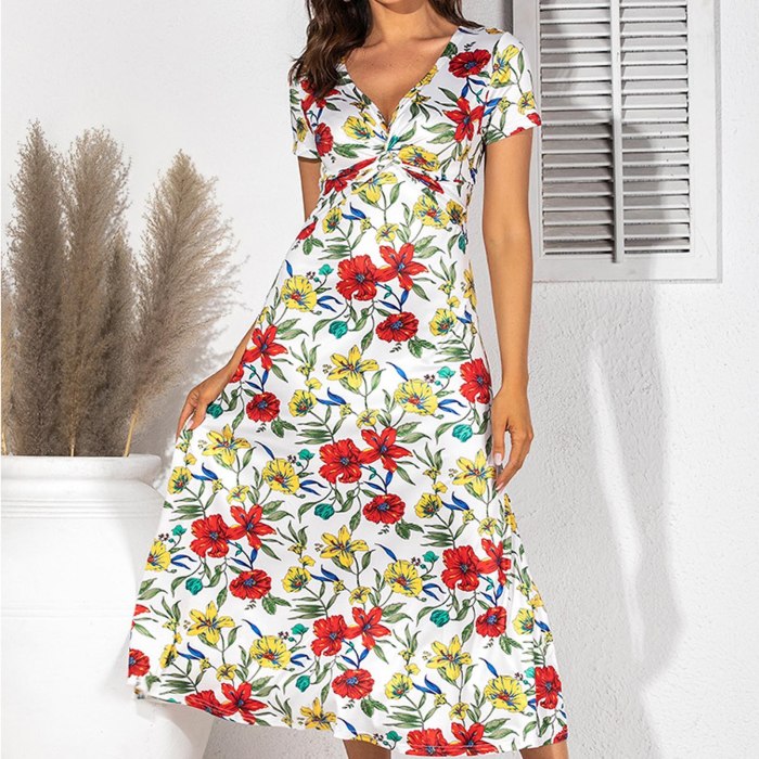 Vintage Floral Print Maxi Dress Women Boho Short Sleeve Long Dress Cross Ruched V Neck Ladies Elegant A-Line Dresses