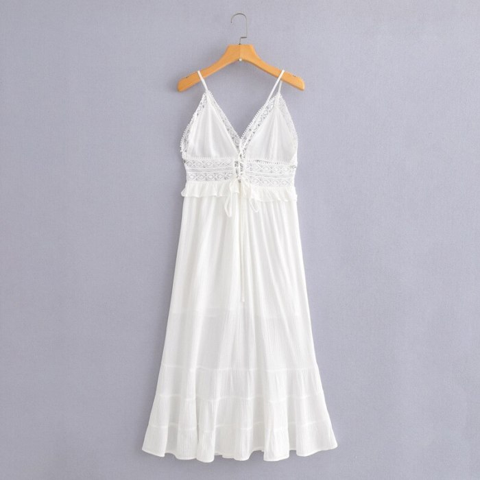 Girls White Cotton Lace Hollow Out Long Dress Woman Backless Spaghetti Strap High Waist 2021 Summer Comfortable Dresses Women