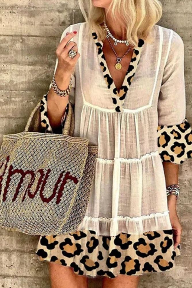 Vintage Bohemian Floral Print Design Dress Women Elegant Lady V-Neck 3/4 Sleeve Dress Spring Casual Fashion Cuffs Dress Vestidos