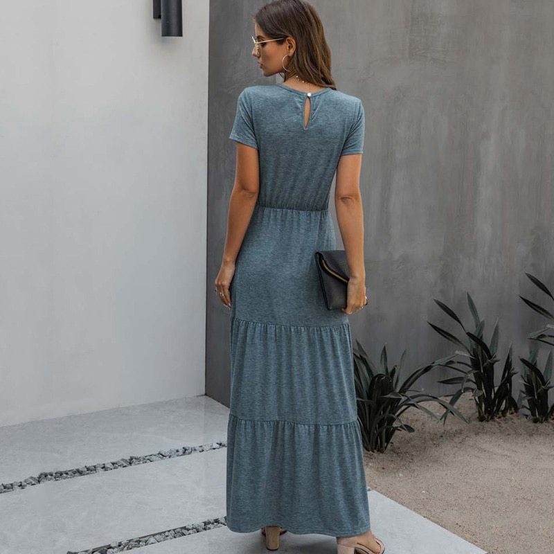 2021 Long Summer Dress Women Pleated Elegant Maxi Party Dress Ladies Sundress Floor Length Short Sleeve Casual Robe Femme