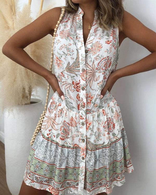 Holiday Floral Print Buttons Down Sleeveless Mini Dress