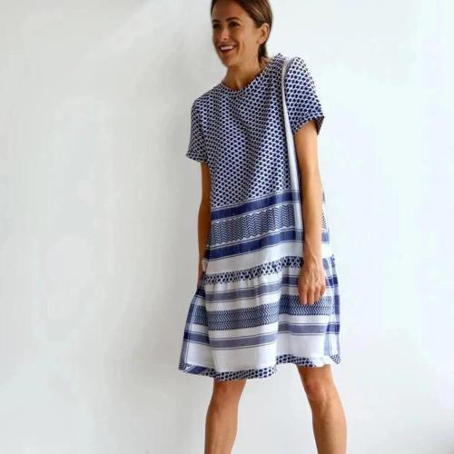 Simple Casual Blue Printed Loose Mini Dress