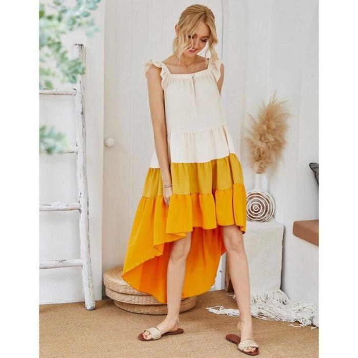 Summer New Women's Ruffled Suspender Yellow Cake Pleated Boho Women Dress