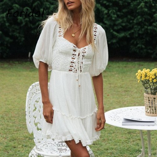 Elegant Hollow Out White Lace Dress Lace Up Mini Summer SunDress 2021 Beach Boho Dresses Casual Fashion Vestidos Mujer