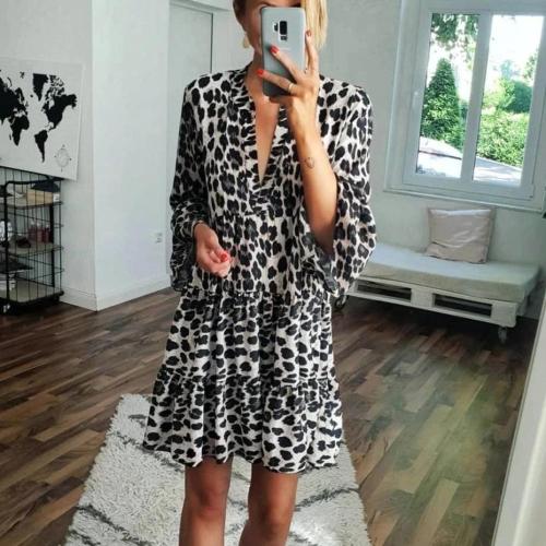 Vintage Leopard Printed V-Neck Long Sleeve Loose Mini Dress