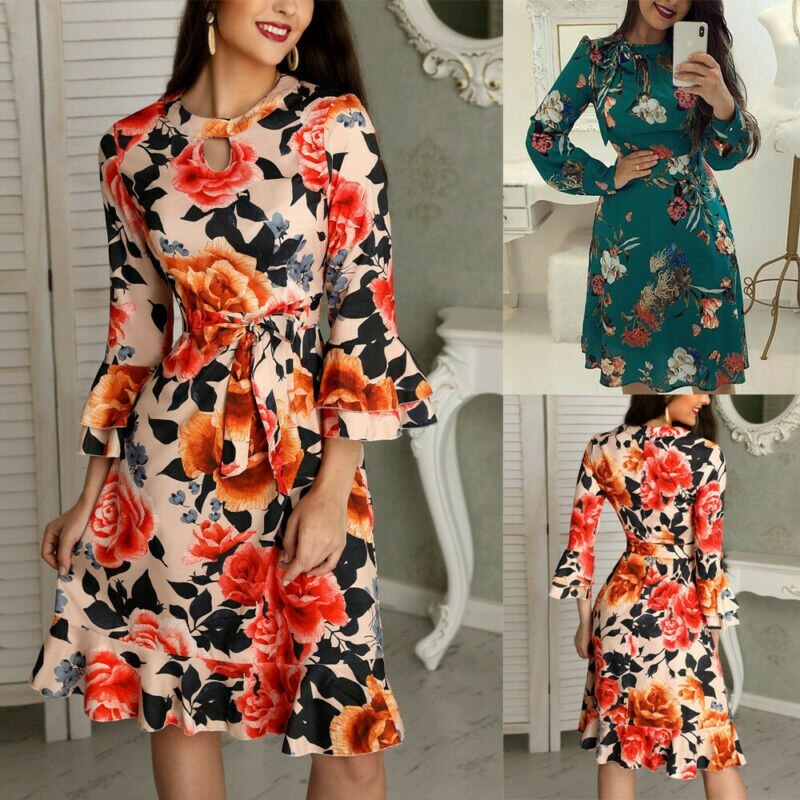 Fashion New Women Floral Printed Elegant Formal Office Work Long Sleeve O-Neck Dress Midi Tunic Bodycon Party Skater Dress