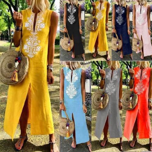Women Sleeveless Embroidery V Neck Vintage Dress for Summer Holiday Party Dress