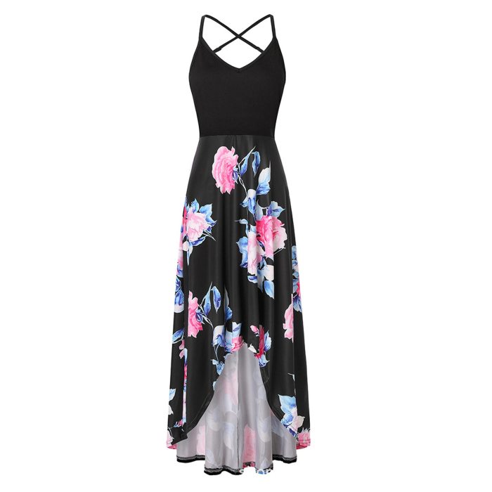 Women Fashion V-neck Sleeveless Strap Open Back Sexy Print Dress Summer Dress