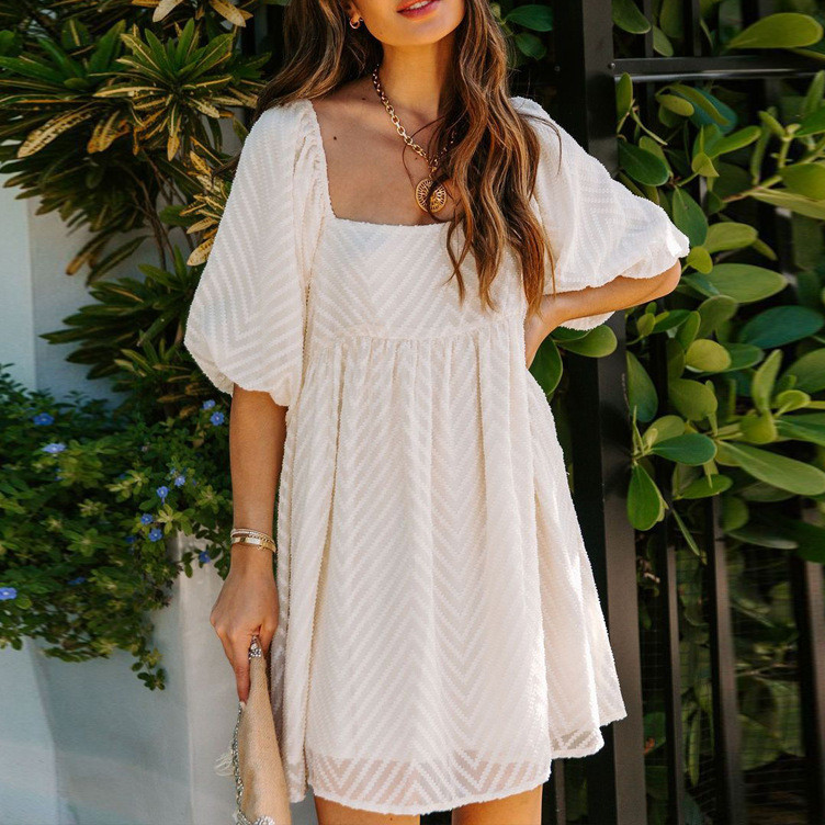 Summer Hot Selling Chiffon Short Sleeves Square Neck White Elegant Dress Mini Loose Dress Beach Style