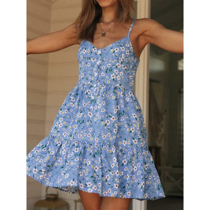 Casual Floral Summer 2021 Dress Women Ruffles Blue Spaghetti Strap Short Dress Plus Size Female Dresses Vestidos