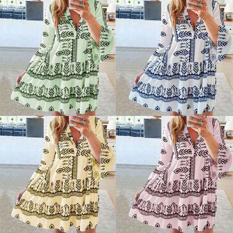 Women Long Sleeve Dresses Summer 2021 Print Flared V Beachwear Dress Mini Dresses Loose Beach Casual Deep Dress Sleeves Par E7X0