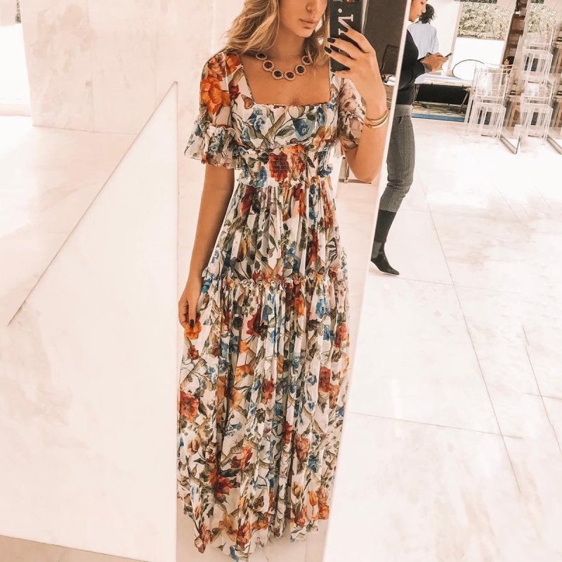 Sexy Short Sleeves Floral Print Off Shoulder Maxi Dress