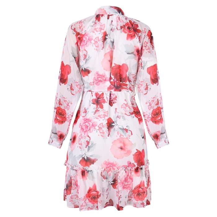 OL Elegant Ruffle Floral Dress Long Sleeve Mini High Waisted A Line Women's Dresses with Belt Summer Bodycon Casual Clothing