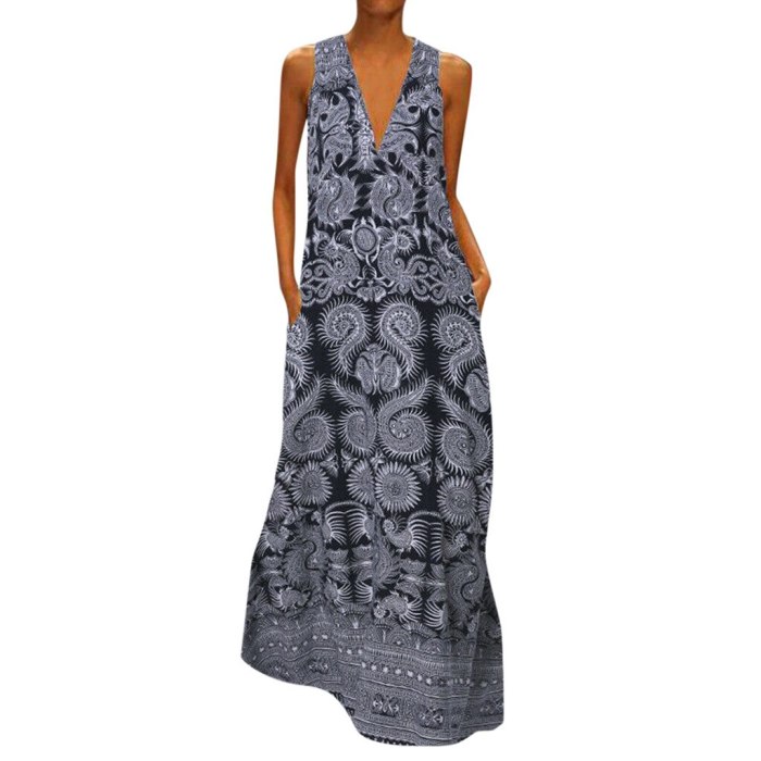 Women Summer Dress Plus Size Print Daily Casual Sleeveless Vintage Bohemian V-Neck Maxi Dress