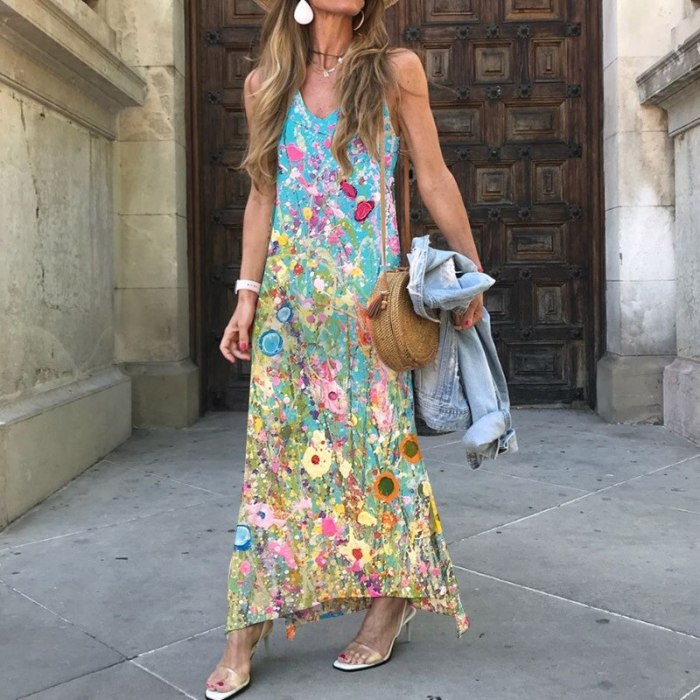 Bohemian Style Print Women Dress 2021 Summer Hot-sale V-neck Spaghetti Straps Maxi Dress