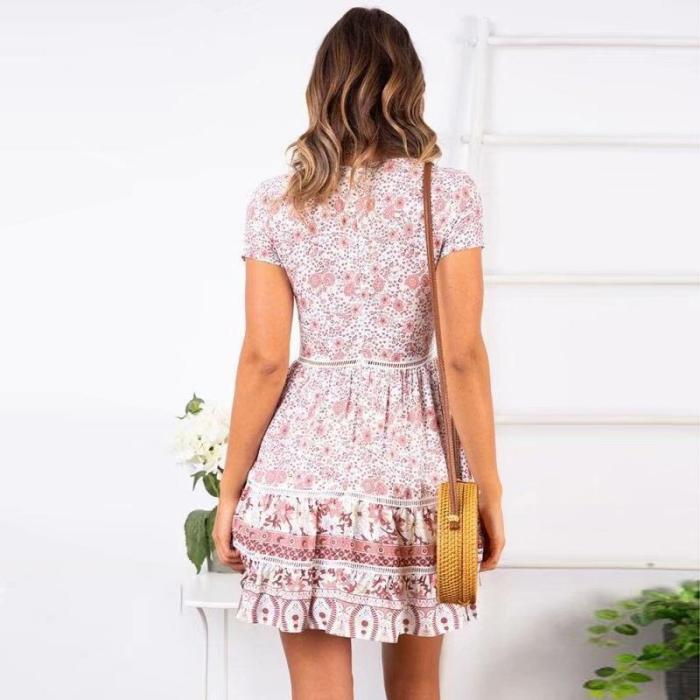 Fashion V-Neck Hem Lace Stitching Print Mini Dress